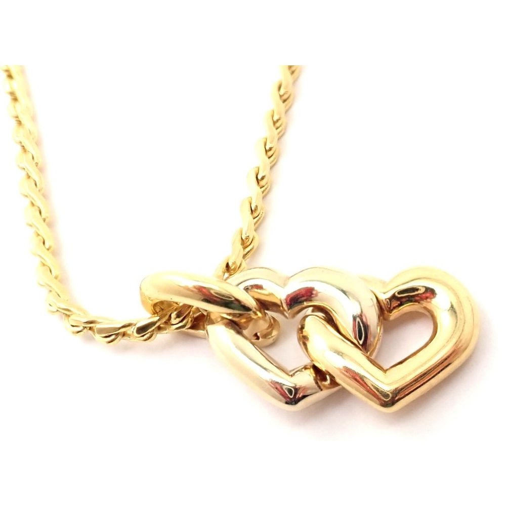 Authentic! Cartier 18k Yellow White Gold Double Heart Pendant S Chain Necklace